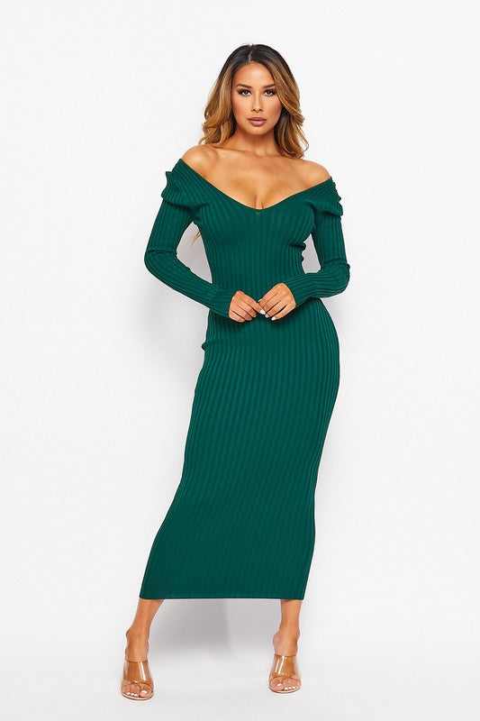 Ribbed Body Con V Neck Dress in Emerald