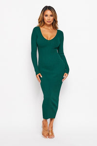 Ribbed Body Con V Neck Dress in Emerald