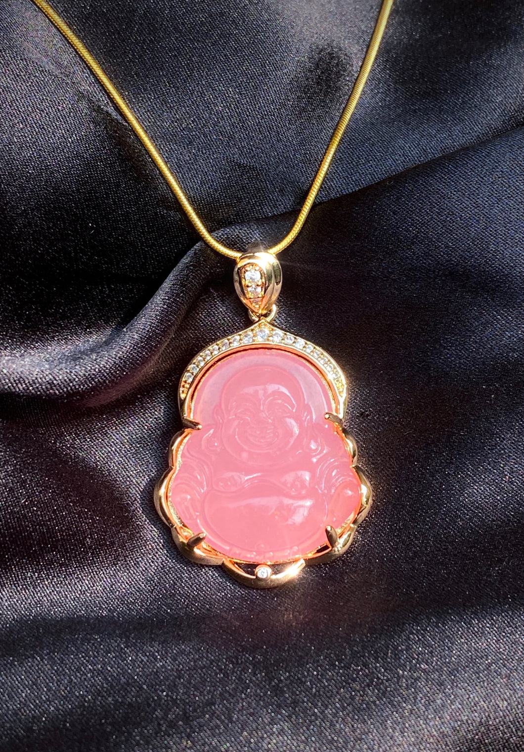 Pink Jade Buddha Necklace in Gold